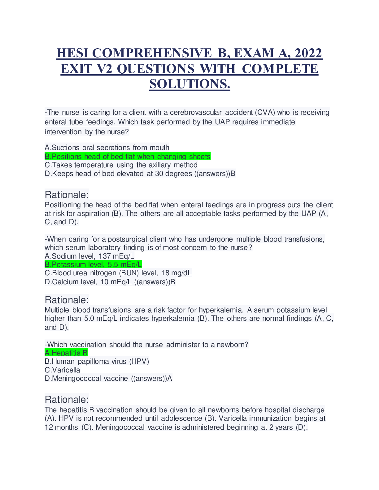 Preview of HESI COMPREHENSIVE B, EXAM A, 2022 EXIT V2 QUESTIONS WITH COMPLETE SOLUTIONS.